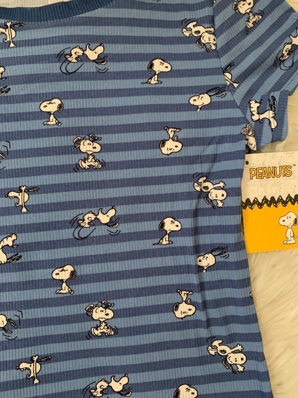 PEANUTS Snoopy Good Grief Striped Ribbed Knit Tee in Blue Sz LARGE - Picture 2 of 3